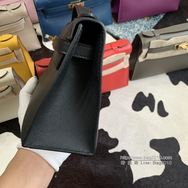 Hermes凱利女包 愛馬仕Minikelly pochette一代 原廠進口swift皮 半手工蠟線 黑色 金銀扣  tdh2266